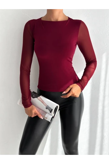 Kadın Bordo Uzun Tül Kol Sandy Bluz HZL25W-FRY122521