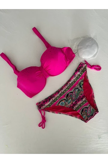 Kadın Fuşya Taş İşlemeli Desenli 3 Parça Bikini Takım HZL25S-LC3326