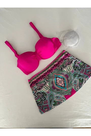 Kadın Fuşya Taş İşlemeli Desenli 3 Parça Bikini Takım HZL25S-LC3326
