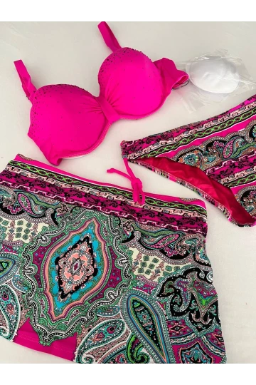 Kadın Fuşya Taş İşlemeli Desenli 3 Parça Bikini Takım HZL25S-LC3326