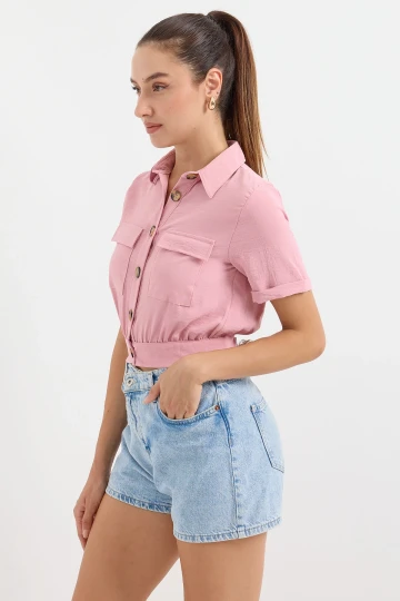 Kadın Gül Kurusu Cepli Düğmeli Kısa Kollu Yazlık  Crop Gömlek Ceket HZL22S-BD106631