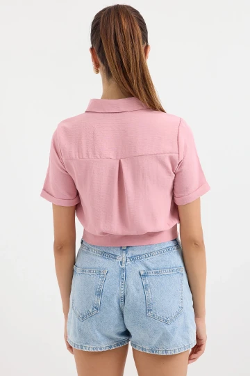 Kadın Gül Kurusu Cepli Düğmeli Kısa Kollu Yazlık  Crop Gömlek Ceket HZL22S-BD106631