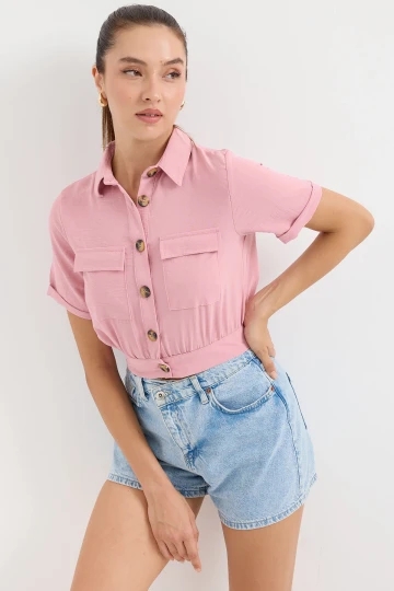 Kadın Gül Kurusu Cepli Düğmeli Kısa Kollu Yazlık  Crop Gömlek Ceket HZL22S-BD106631