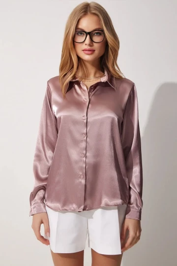 Kadın Gül Kurusu Hafif Dökümlü Saten Yüzeyli Gömlek HZL22W-BD139641