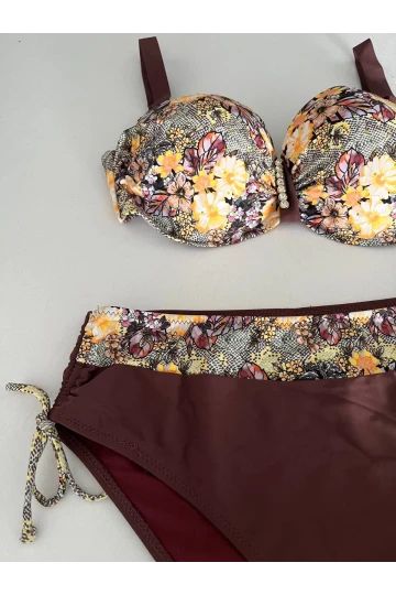 Kadın Kahve Çiçek Desenli Büyük Beden Astarlı Lacivert Bikini Takım HZL25S-LC3301