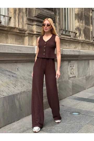Kadın Kahverengi Beli Lastilkli Gofre Kumaş Pantolon HZL24S-ZK13261