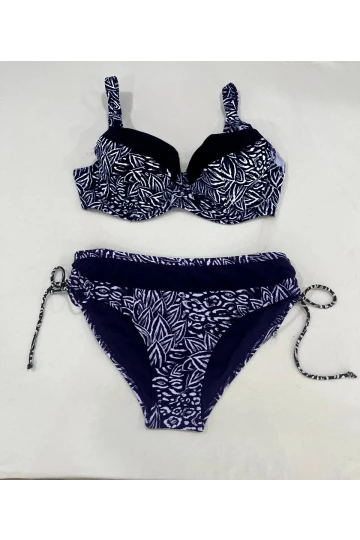 Kadın Lacivert Beyaz Desenli Büyük Beden Astarlı Bikini Takım HZL25S-LC4006