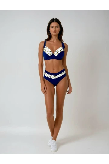 Kadın Lacivert Beyaz Etnik Desenli Bikini Takım HZL25S-LC2220