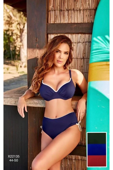Kadın Lacivert Beyaz Şeritli Yüksek Bel Toparlayıcı Bikini Takım HZL24S-LC2221