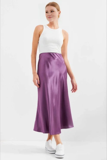 Kadın Lila Saten Yüzeyli Beli Lastikli Midi Boy Etek Hzl23S-BD1101471