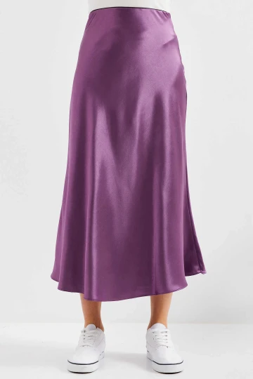 Kadın Lila Saten Yüzeyli Beli Lastikli Midi Boy Etek Hzl23S-BD1101471