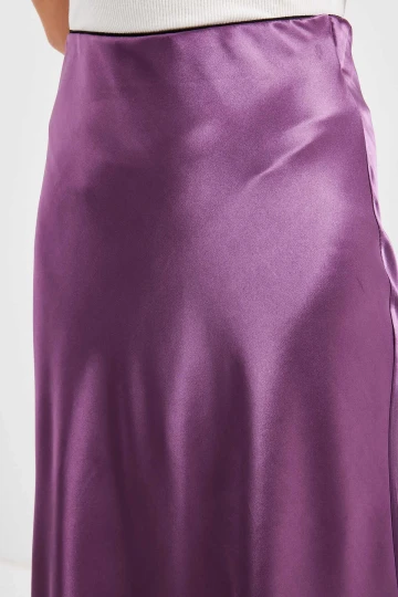 Kadın Lila Saten Yüzeyli Beli Lastikli Midi Boy Etek Hzl23S-BD1101471
