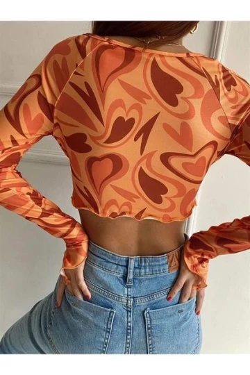 Kadın Oranj Asimetrik Kesim Önü Bağlamalı Crop Tül Bluz HZL24S-ZK12281