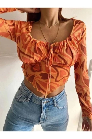 Kadın Oranj Asimetrik Kesim Önü Bağlamalı Crop Tül Bluz HZL24S-ZK12281