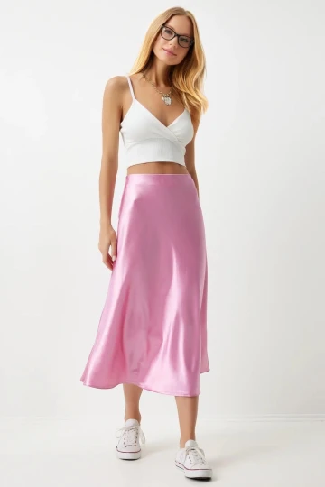 Kadın Pembe Saten Yüzeyli Beli Lastikli Midi Boy Etek Hzl23S-BD1101471