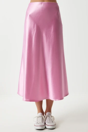 Kadın Pembe Saten Yüzeyli Beli Lastikli Midi Boy Etek Hzl23S-BD1101471