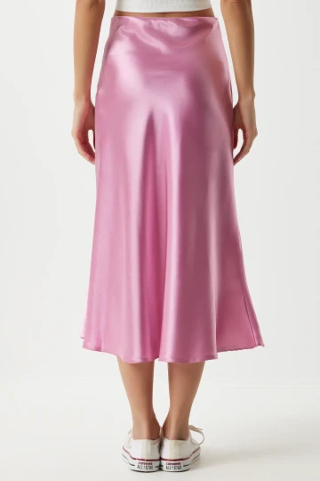 Kadın Pembe Saten Yüzeyli Beli Lastikli Midi Boy Etek Hzl23S-BD1101471