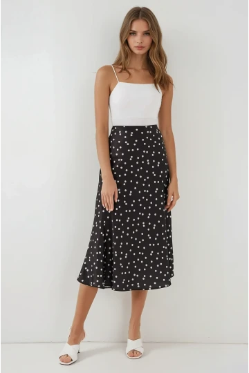 Kadın Puantiyeli Siyah Saten Yüzeyli Beli Lastikli Midi Boy Etek Hzl23S-BD1101471