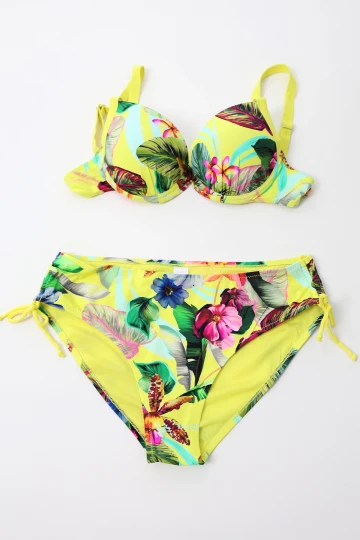 Kadın Sarı Yaprak Desenli Askılı Yüksek Bel Toparlayıcı Bikini Takım HZL24S-LC22625