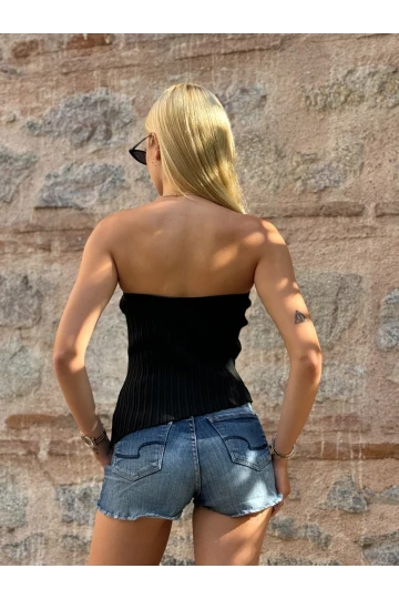 Kadın Siyah Asimetrik Kesim Yırtmaçlı Triko Straplez Bluz HZL24S-ZK10291