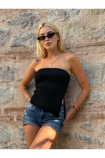 Kadın Siyah Asimetrik Kesim Yırtmaçlı Triko Straplez Bluz HZL24S-ZK10291