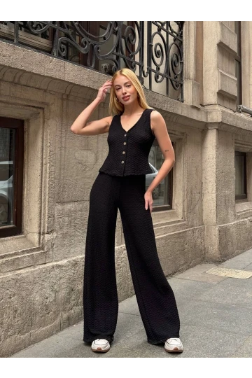 Kadın Siyah Beli Lastilkli Gofre Kumaş Pantolon HZL24S-ZK13261