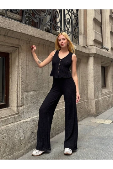 Kadın Siyah Beli Lastilkli Gofre Kumaş Pantolon HZL24S-ZK13261