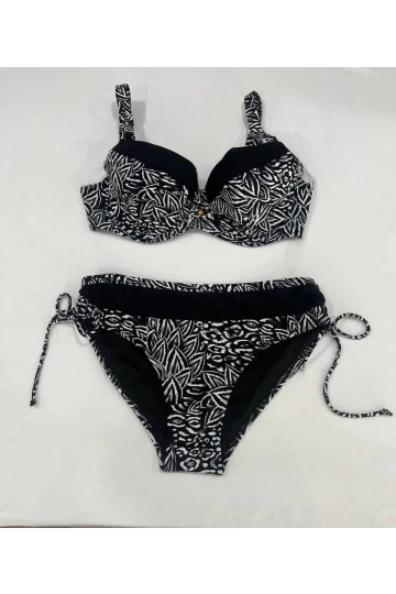 Kadın Siyah Beyaz Desenli Büyük Beden Astarlı Bikini Takım HZL25S-LC4006