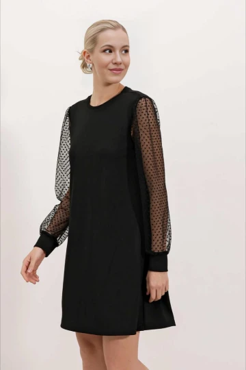 Kadın Siyah Bisiklet Yaka Tül Kollu Mini Elbise HZL24S-BD124671