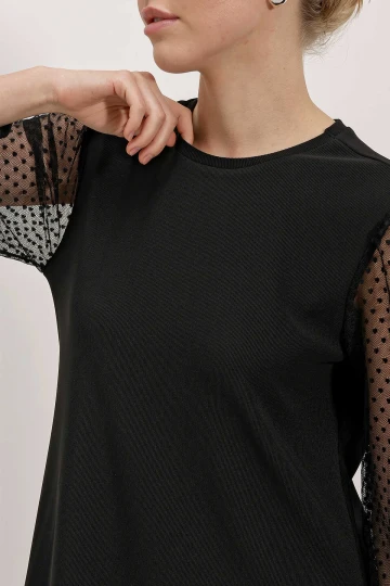 Kadın Siyah Bisiklet Yaka Tül Kollu Mini Elbise HZL24S-BD124671