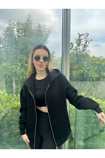 Kadın Siyah Kapüşonlu Fermuarlı Şardonlu Oversize Sweatshirt HZL24W-ZK146