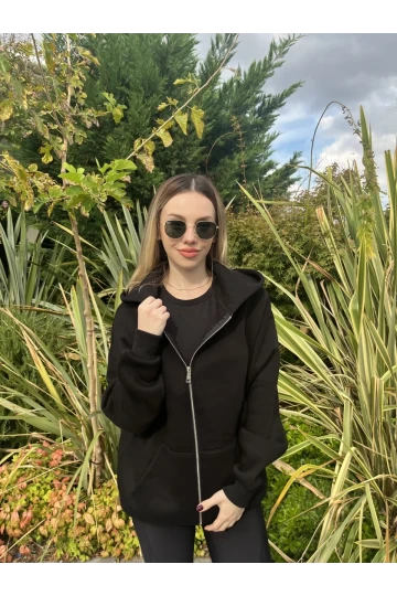 Kadın Siyah Kapüşonlu Fermuarlı Şardonlu Oversize Sweatshirt HZL24W-ZK146