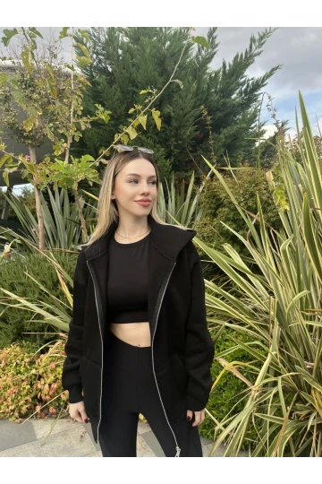 Kadın Siyah Kapüşonlu Fermuarlı Şardonlu Oversize Sweatshirt HZL24W-ZK146