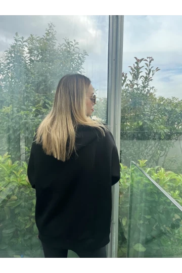 Kadın Siyah Kapüşonlu Fermuarlı Şardonlu Oversize Sweatshirt HZL24W-ZK146