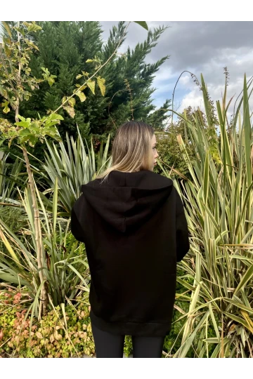 Kadın Siyah Kapüşonlu Fermuarlı Şardonlu Oversize Sweatshirt HZL24W-ZK146