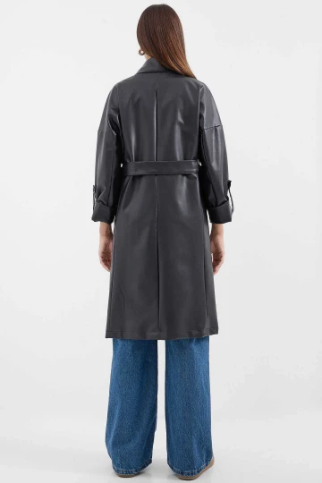 Kadın Siyah Kuşaklı Astarlı Subi Deri Trençkot HZL25W-BD110341