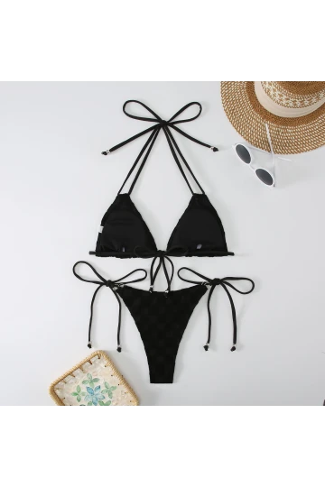 Kadın Siyah İp Bağlamalı Aksesuarlı Astarlı Yüksek Bel Üçgen Bikini Takım HZL24S-LC2229