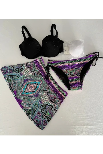 Kadın Siyah Taş İşlemeli Desenli 3 Parça Etekli Bikini Takım HZL25S-LC3326
