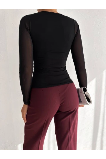 Kadın Siyah Uzun Tül Kol Sandy Bluz HZL25W-FRY122521