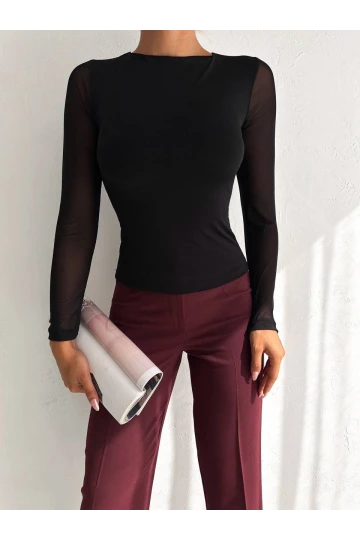 Kadın Siyah Uzun Tül Kol Sandy Bluz HZL25W-FRY122521
