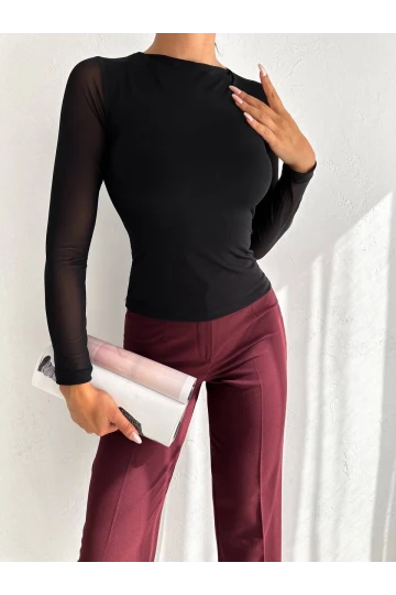 Kadın Siyah Uzun Tül Kol Sandy Bluz HZL25W-FRY122521