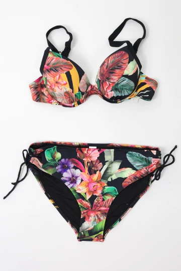 Kadın Siyah Yaprak Desenli Askılı Yüksek Bel Toparlayıcı Bikini Takım HZL24S-LC22625