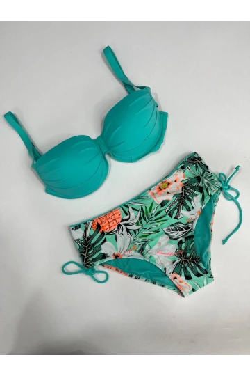 Kadın Turkuaz Mavi Tropikal Desen Bikini Takım HZL25S-LC3325