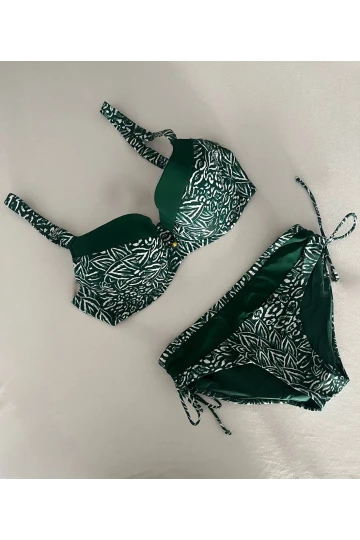 Kadın Yeşil Beyaz Desenli Büyük Beden Astarlı Bikini Takım HZL25S-LC4006