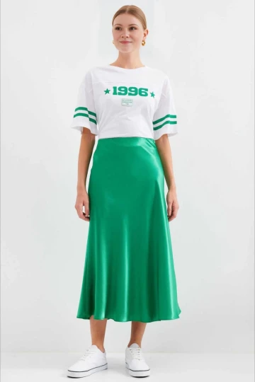 Kadın Yeşil Saten Yüzeyli Beli Lastikli Midi Boy Etek Hzl23S-BD1101471