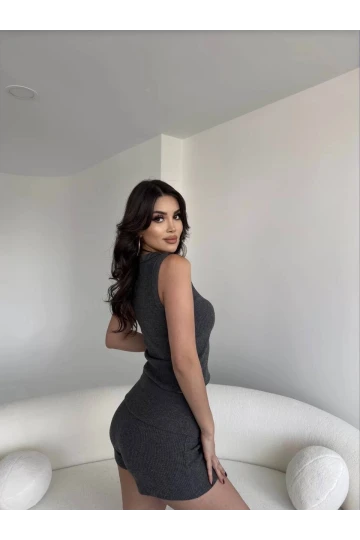 Kadın Antrasit Bel Katlamalı Şortlu Bluz Basic Takım HZL25W-ZK11191