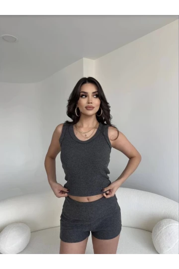 Kadın Antrasit Bel Katlamalı Şortlu Bluz Basic Takım HZL25W-ZK11191