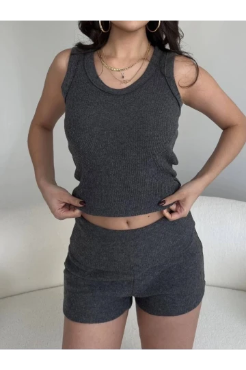 Kadın Antrasit Bel Katlamalı Şortlu Bluz Basic Takım HZL25W-ZK11191