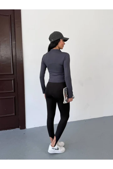 Kadın Antrasit Dalgıç Kumaş Fermuar Kapamalı Parmak Geçirmeli Sweatshirt HZL25W-FRY123441