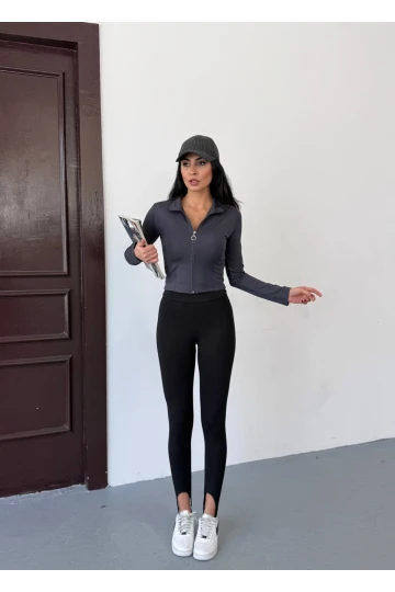 Kadın Antrasit Dalgıç Kumaş Fermuar Kapamalı Parmak Geçirmeli Sweatshirt HZL25W-FRY123441